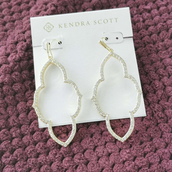 Kendra Scott White Crystal Abbie Gold Open Frame Earrings NEW WITH POUCH - Picture 1 of 3
